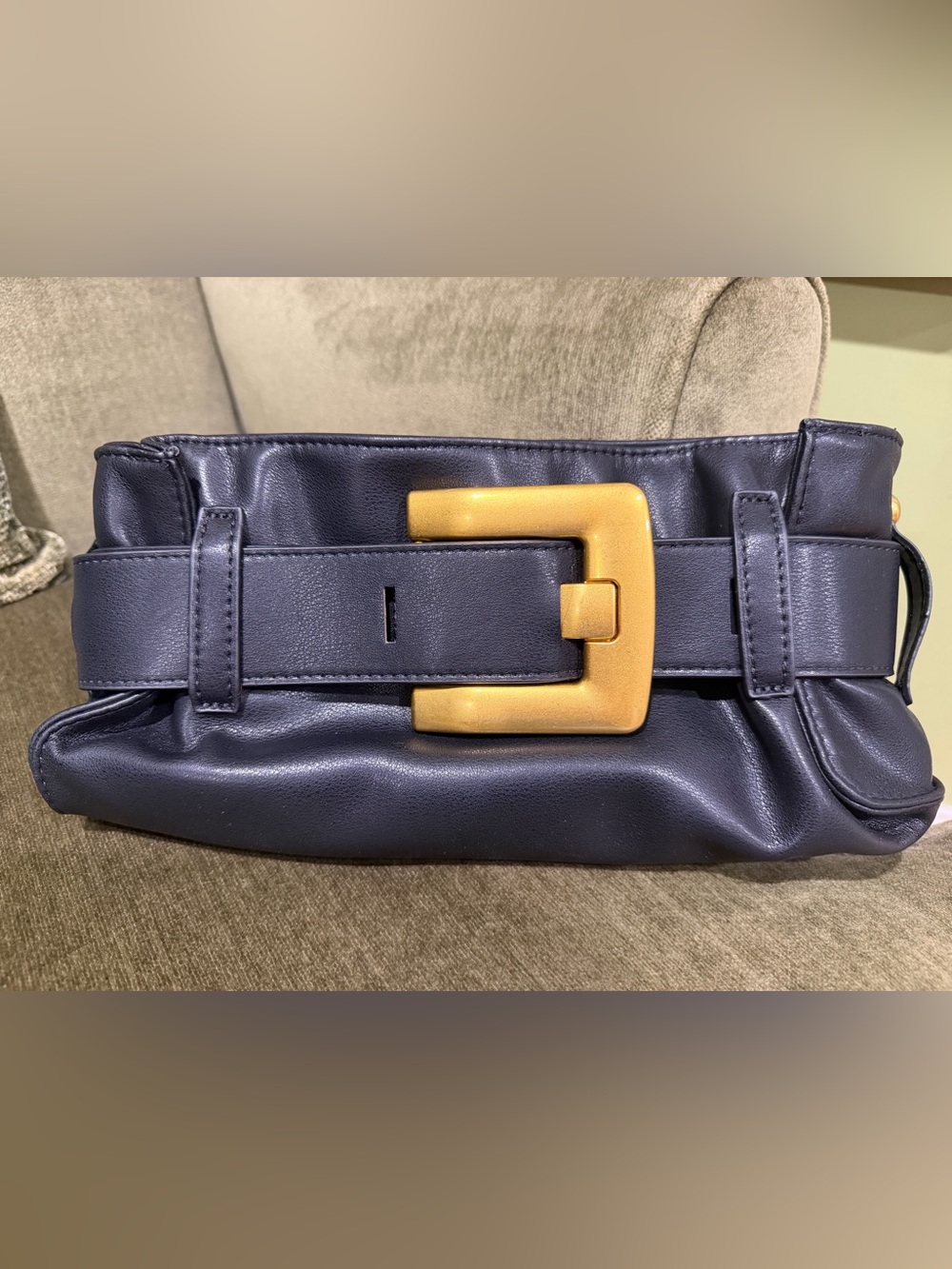 Leather Belt-Style Clutch Bag in Black with Gold Buckle